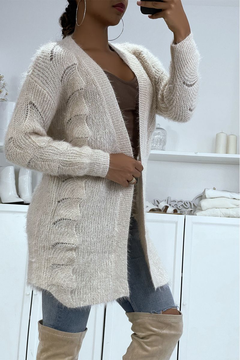 BEIGE MID-LENGTH CARDIGAN WITH GLITTERY MESH EFFECT, LONG SLEEVES, STRAIGHT FIT